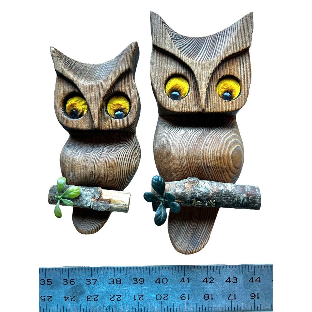 Pair of Vintage Wood Owls Perched on Branches Sand Blasted Finisg Wall Hangers - Picture 2 of 9